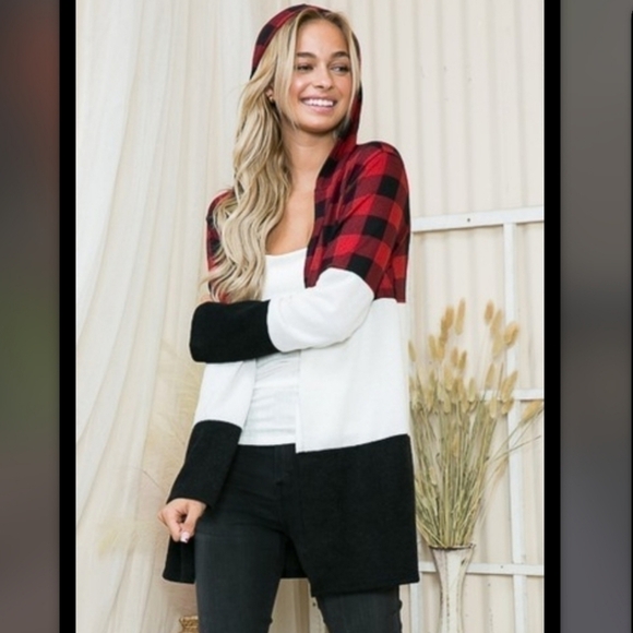 Buffalo Plaid Color Block Long Sweater Cardigan - Picture 1 of 5